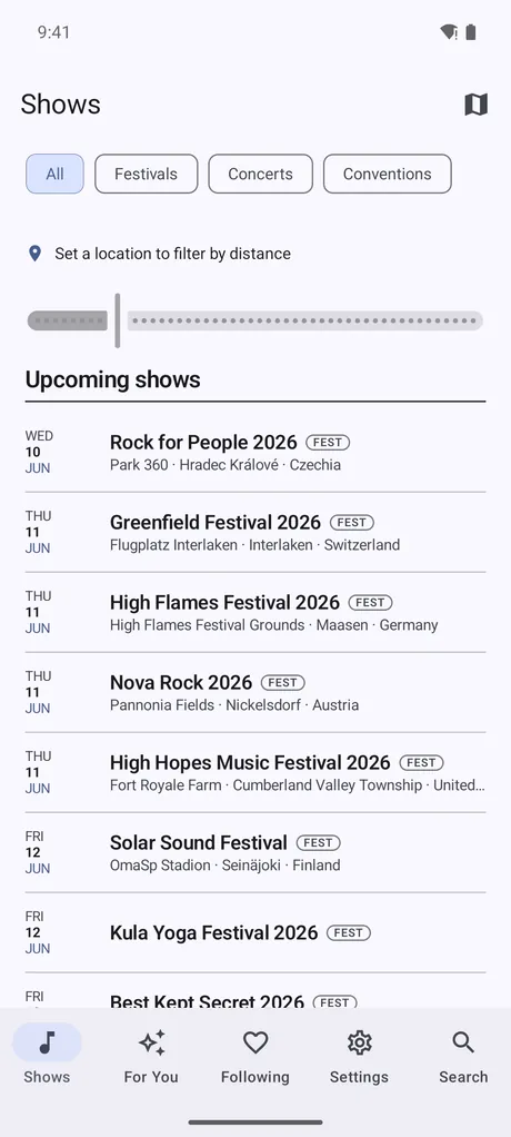 Der Shows-Bildschirm mit kommenden Konzerten.