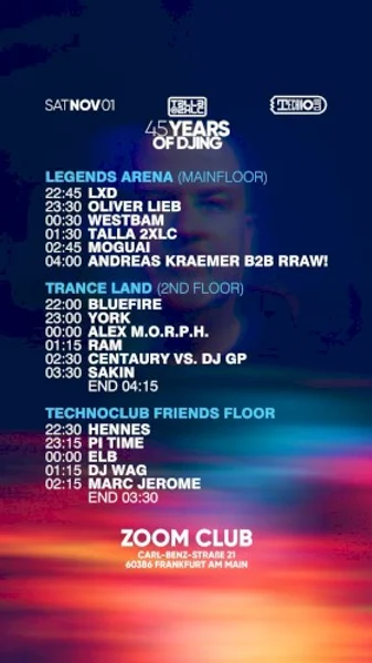 Talla 2XLC - 45 Years of Djing — Schedule